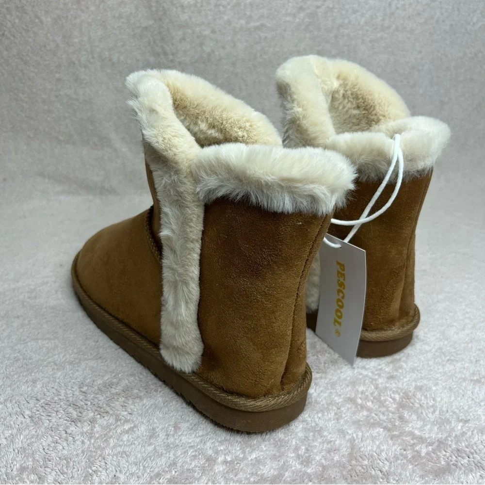 NEW Pescool Faux Suede/Fur Boots/Slippers Brown Kids 3 Winter Cozy Warm Boho